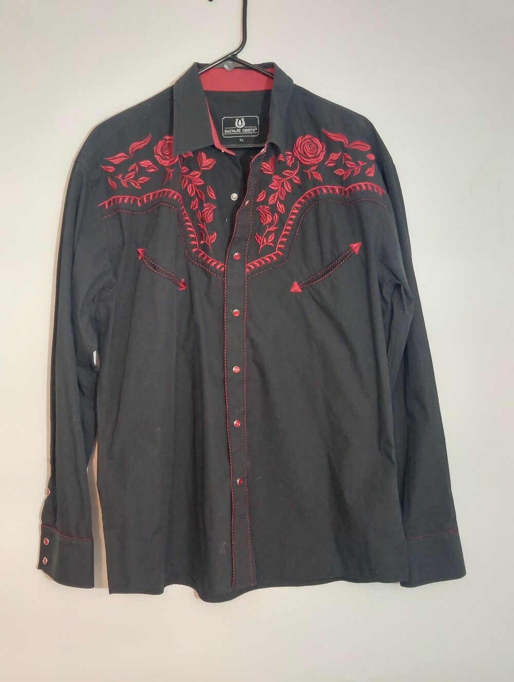 Salvaje Oeste Mens Western Snap Shirt Black Red Rose Embroidered Floral XLarge